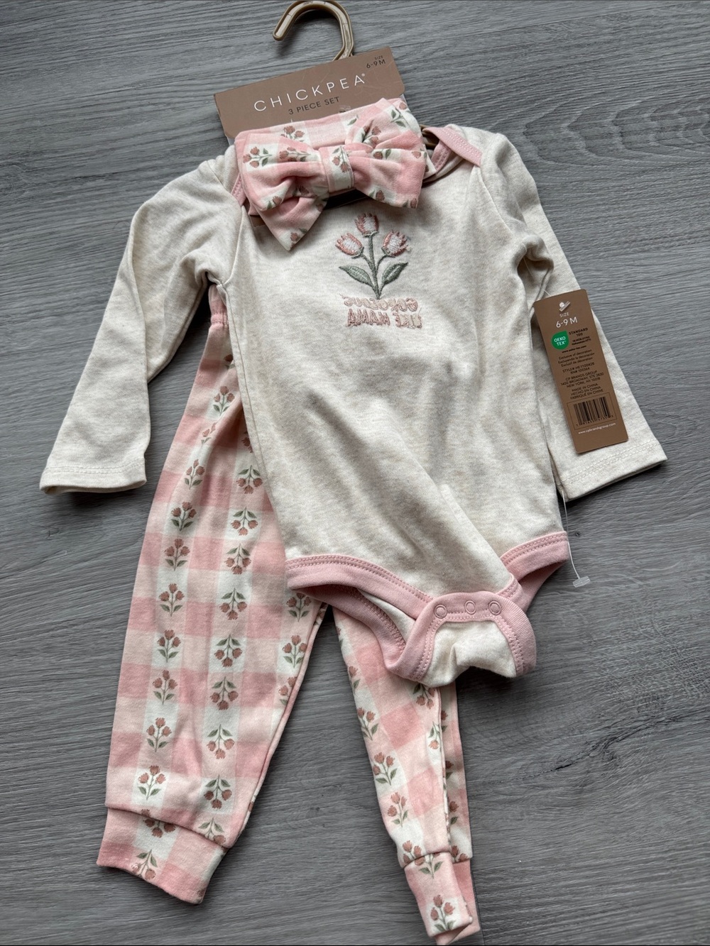 chick pea Cream and Pink Floral Baby Bodysuit Set with Bow